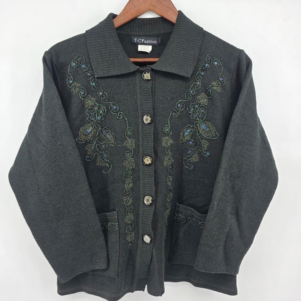 TC Fashion Medium Embellished Cardigan Sweater Dark Green Button Front Pockets
